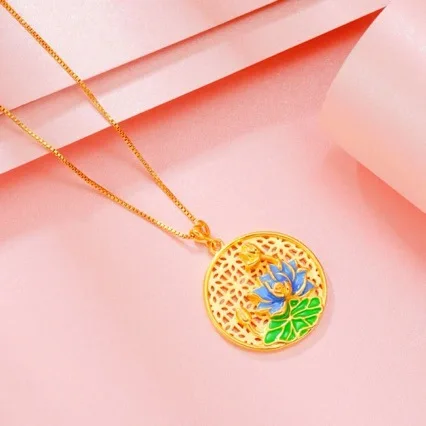 

Gold 24K Pendant Hollow Lotus Sweater Chain Pendant Lotus AU999 Necklace Oil Drop Cloisonne Accessories Pure Gold Jewelry