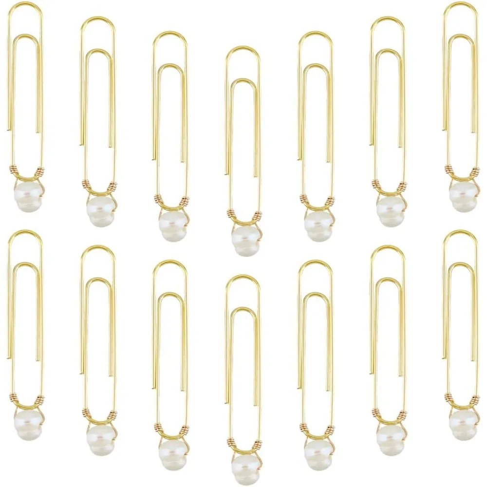 

30Pcs Iron Oval Paper Clips Long Bookmark Marking Clips with Natural Keshi Pearl Beads Golden 57mm