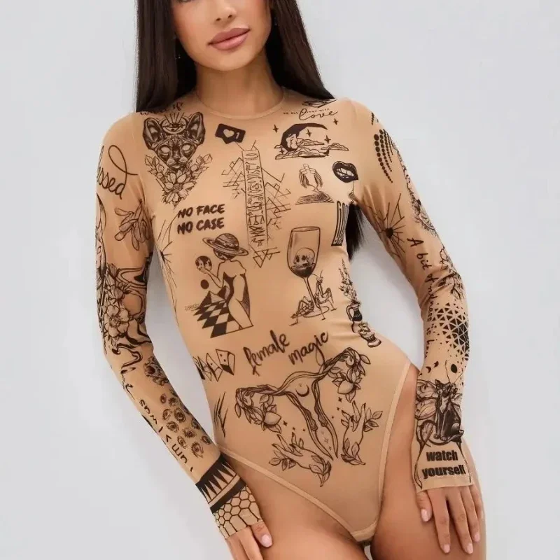 

Spring Autumn Womens Skin Color Unique Design Sense Pattern Printed Round Neck Slim Fit Sexy Long Sleeved Tight Fitting Bodysuit