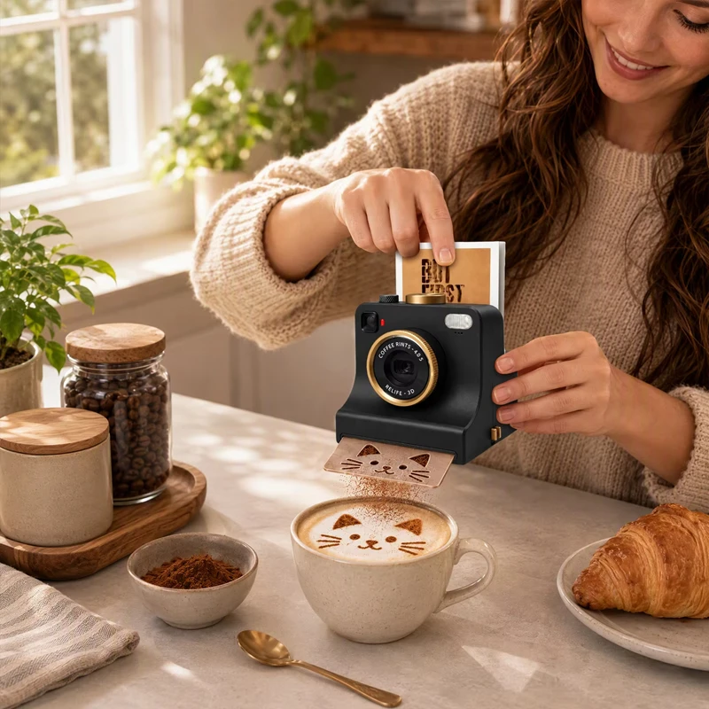 3D Printed Latte Art Camera Coffee Template Printer Replaceable Cards One Touch Press DIY Latte Art Camera with Coffee Patterns