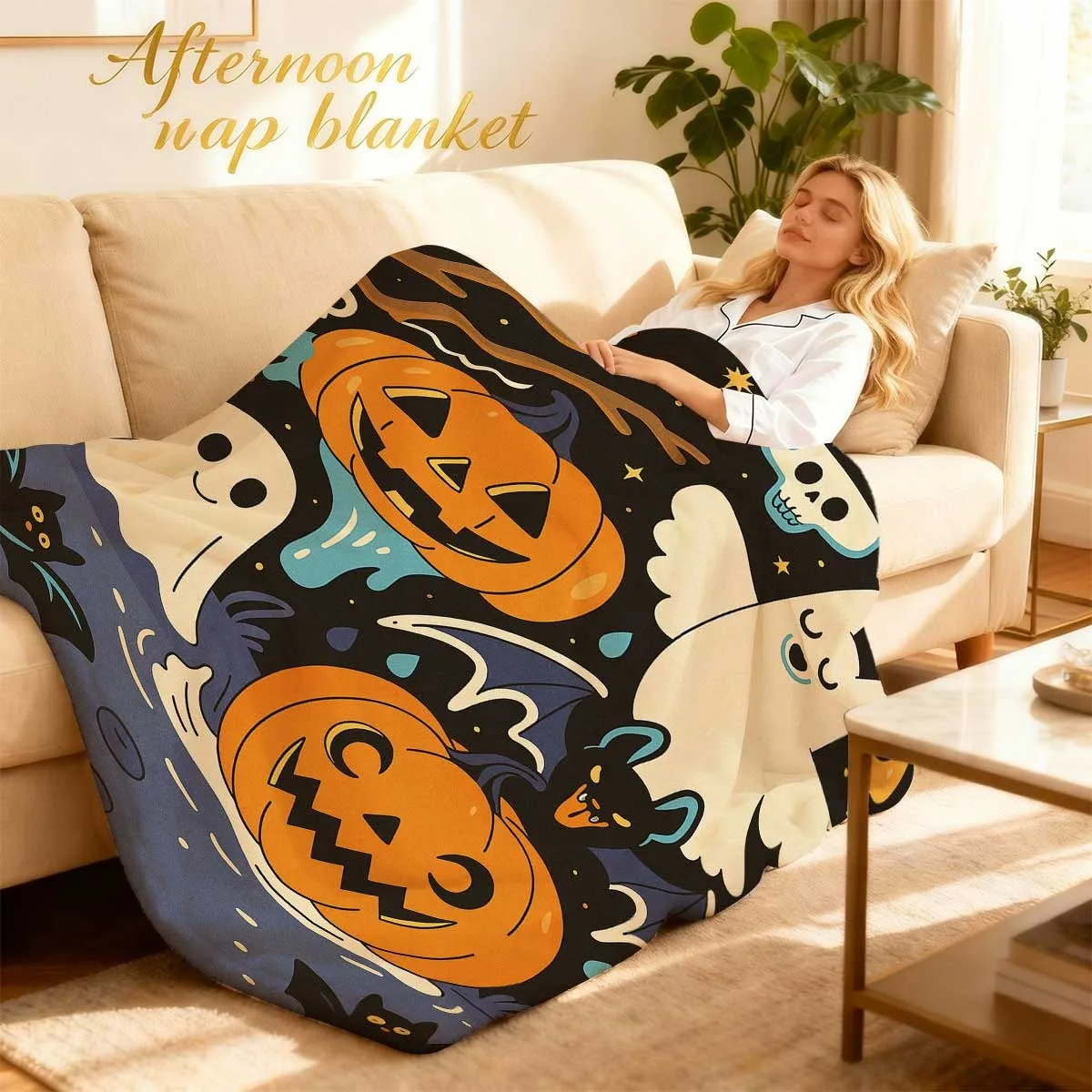 Cozy Throw Featuring Eerie Ghosts, Bats, Jack-O'-Lanterns, And Witches, Made of Soft Flannel. This All-Season Bedspread Is Wrinkle-Resistant And Perfect for Your Couch, Sofa, Or As a Decorative Cover for Easy Cleaning
