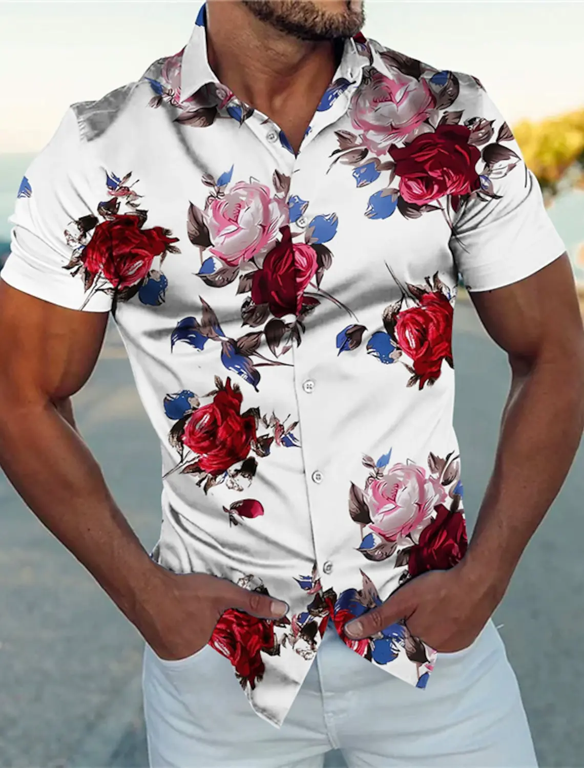 Men\'s Business Casual 3D Printed Floral Shirt Outdoor Street Wear to work Summer Turndown Short Sleeves 4-Way Stretch Fabric