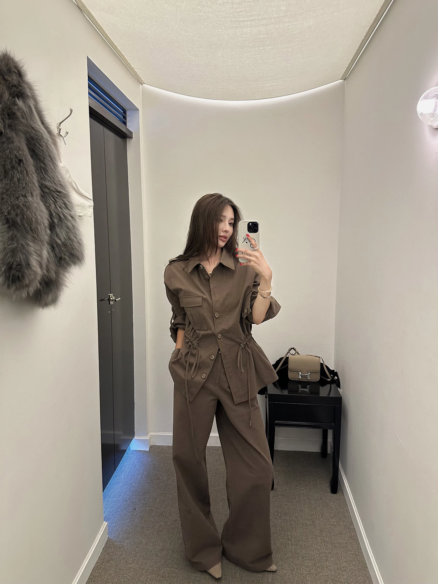 

Костюм NanaByNana Les Street: Свободный комплект из двух предметов с утягивающей талией, осенний, хлопковый, на пуговицах, повседневный, для женщин