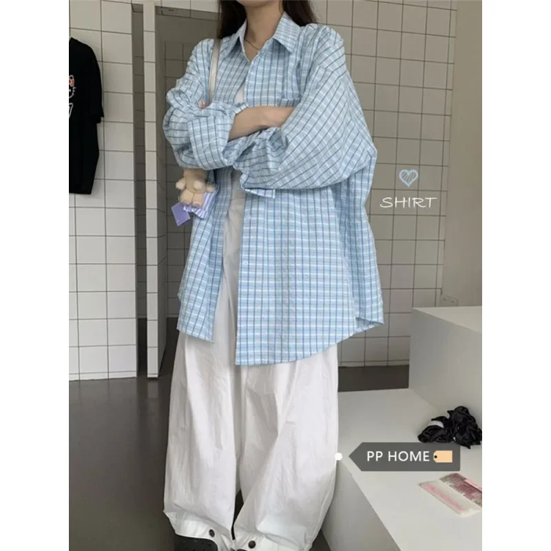 

NICE Blue Plaid Sun Protection Shirt Women's Casual Loose Summer Weekend Lazy Style Open Cardigan Outerwear PPHOME Easy Weekend