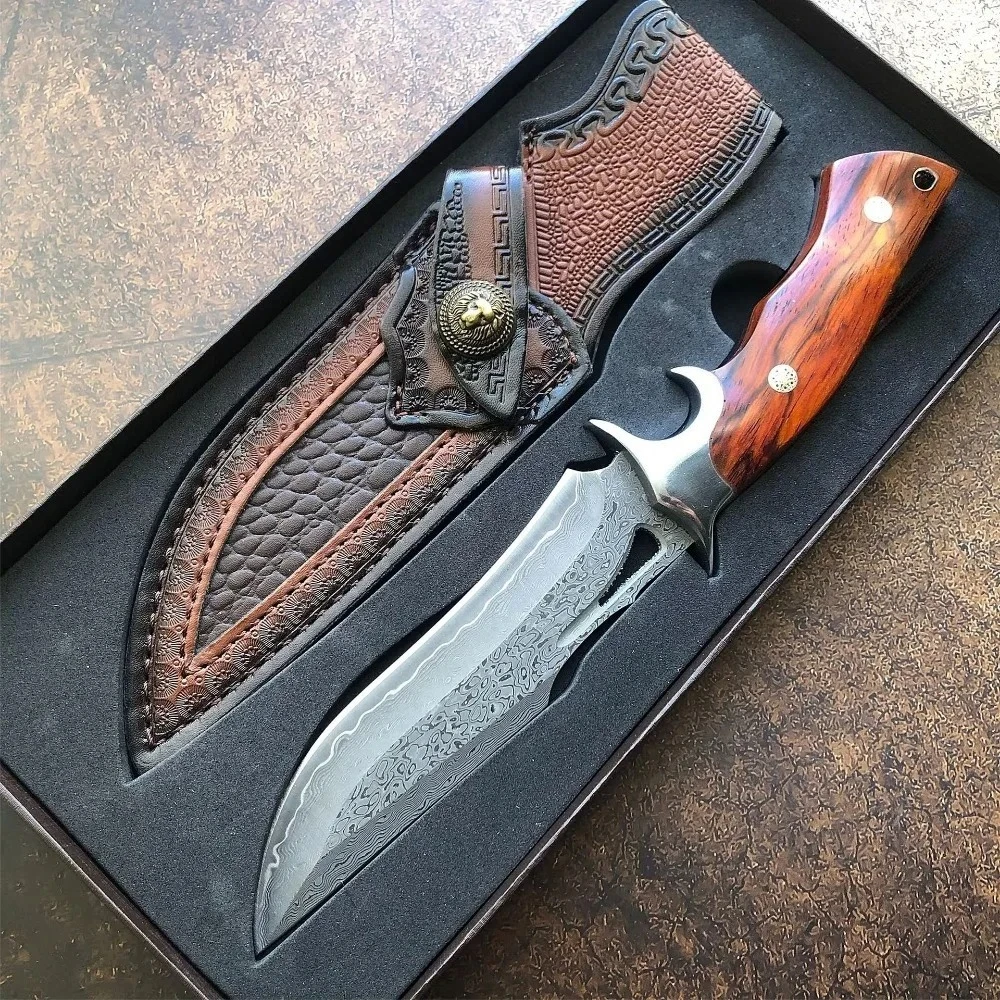 

Дамасское лезвие, красный сандал, боевой тактический охотничий нож, инструменты для выживания, самообороны, EDC, кемпинга с подарочной коробкой, Рождество