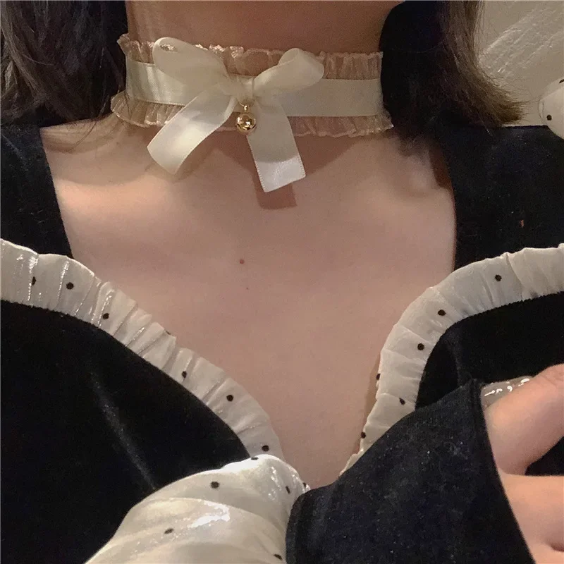 Fashion Choker Necklace For Women Sexy Black White Lace Stretch Strip Heart Pendant Short Clavicle Necklace Aesthetic Jewelry