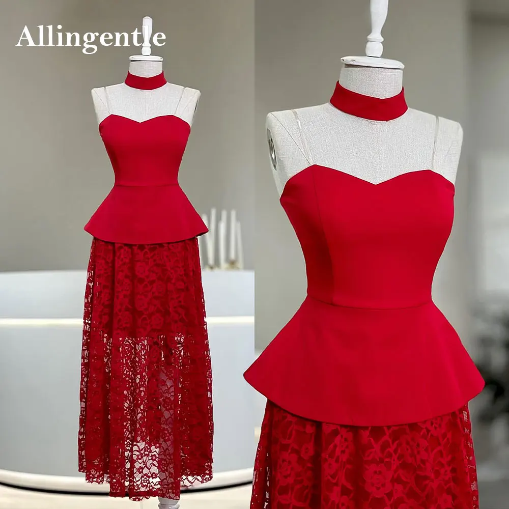 

Elegant A-line Strapless Formal Evening Dresses Women Satin and Lace Red Tea-Length Prom Dress Bespoke Occasion Gowns Customized