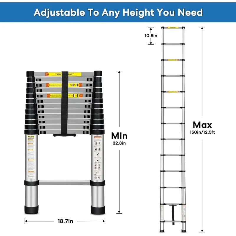 Telescoping Ladder, 12.5FT Aluminum Telescopic Extension Ladder with Non-Slip Feet, Multi-Purpose Collapsible Ladder for RV or