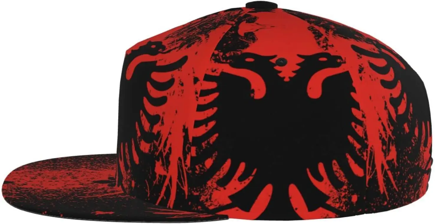 Albanian Flag Pattern Flat Bill Hat, Unisex Snapback Baseball Cap Hip Hop Style Flat Visor Blank Adjustable Black