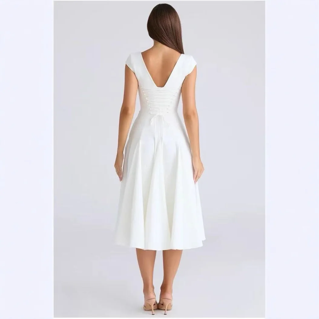 Mingmingxi 2025 فستان خريفي بأكمام كيب للنساء 2025 رقبة مربعة أنيق ميدي فستان أبيض لحفلات الأعياد ملابس نوادي غير رسمية