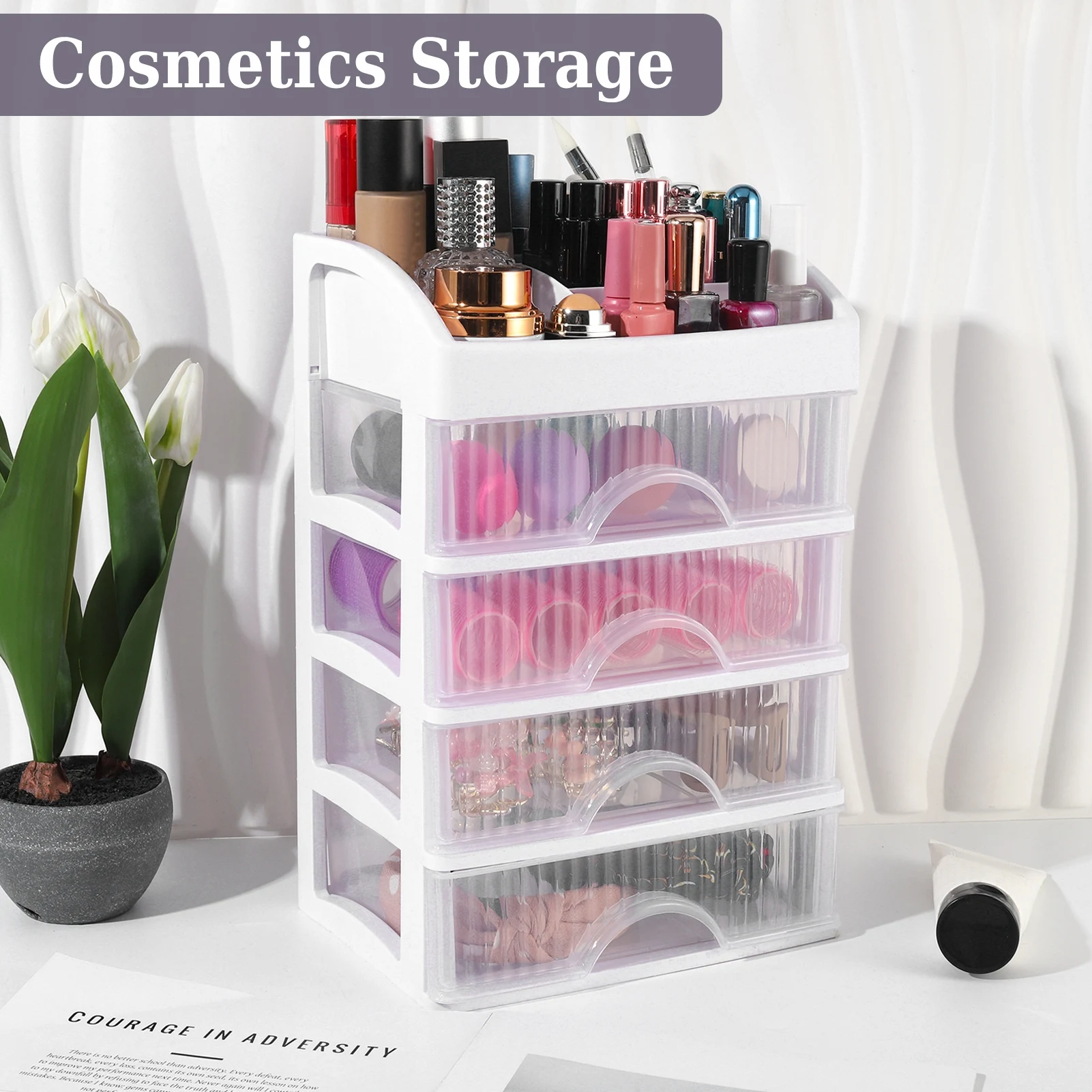 Makeup Organizer for Dresser,Cosmetic Display Cases with 4 Drawers and 1 Tray,Stackable Countertop Cosmetics Storage