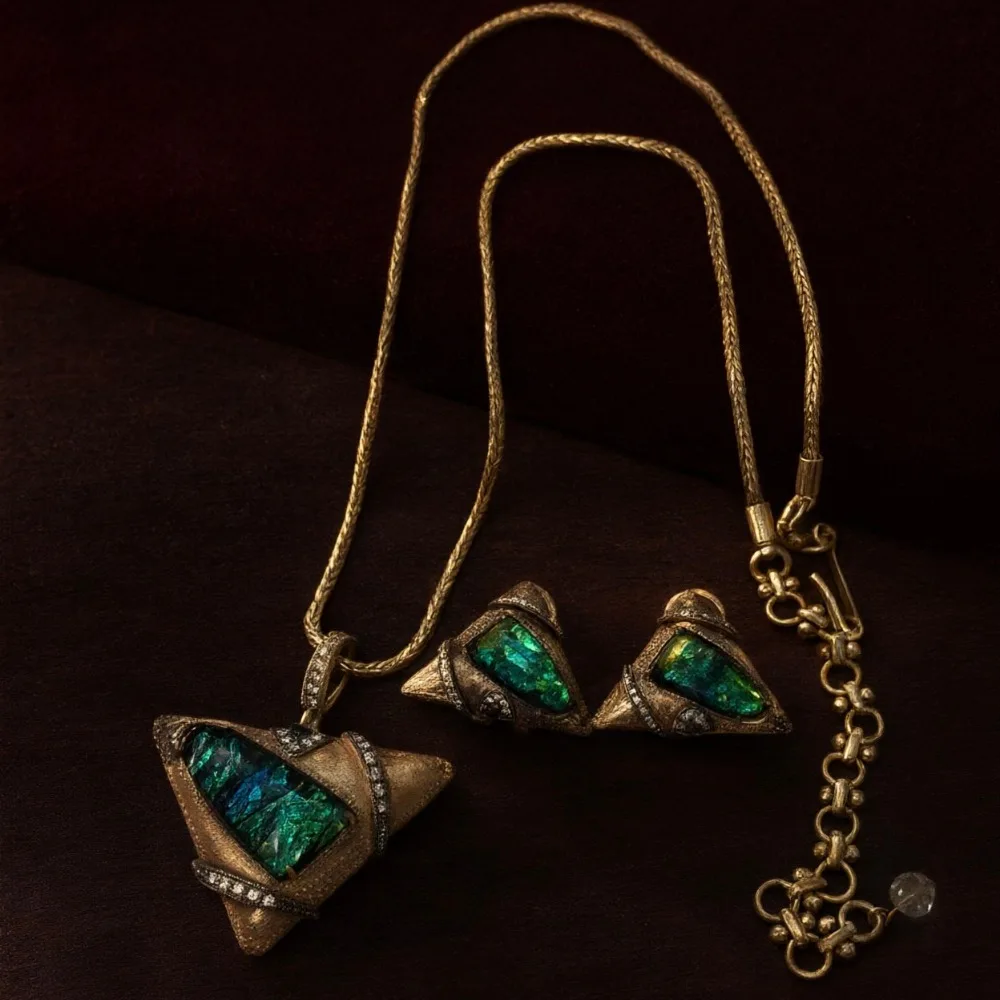 Vintage Middle-aged Triangle Opal Earrings Artistic Geometric Colorful Treasures Niche High-end Atmospheric Earrings Necklace