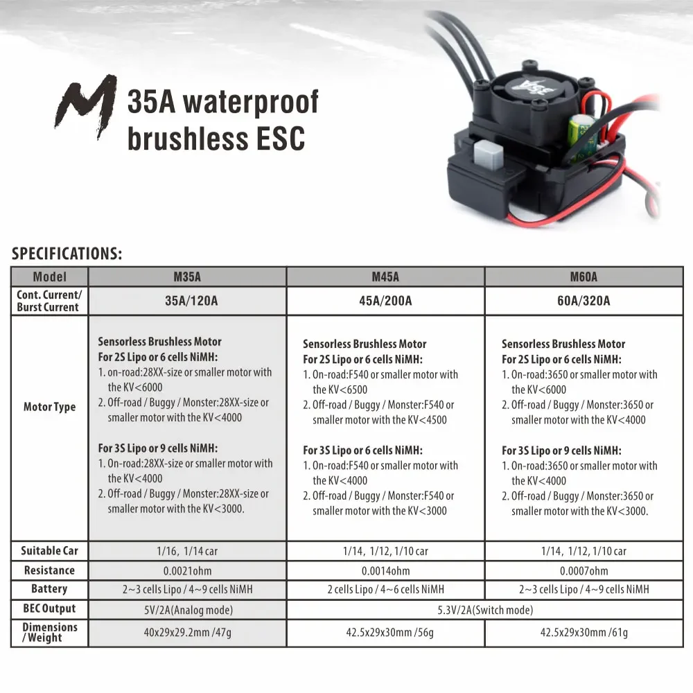 Nuovo Surpass Hobby M Series 35A 45A 60A Waterproof ESC T XT60 Plug 2-3S per 1/10 1/12 1/14 1/16 RC Car F540 3650 motore Brushless
