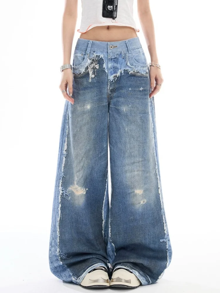 2026 American Retro Y2K Style 3D Printed Washed Blue Baggy Women's Jeans Pants For Woman Clothing Wide Leg Luxury Denim Trousers