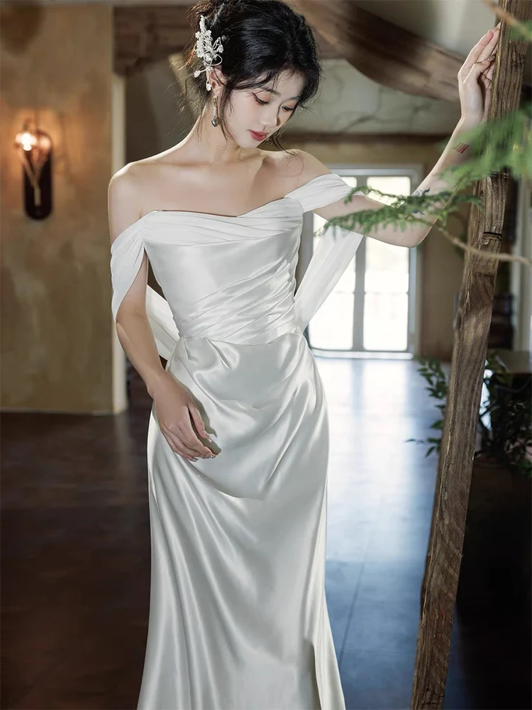 

Ele White Satin One-oulder Wedding Dr Slim Fit Fi Tail Skirt Simple Sle Bridal Gown Luxury Aosphere Midi Length