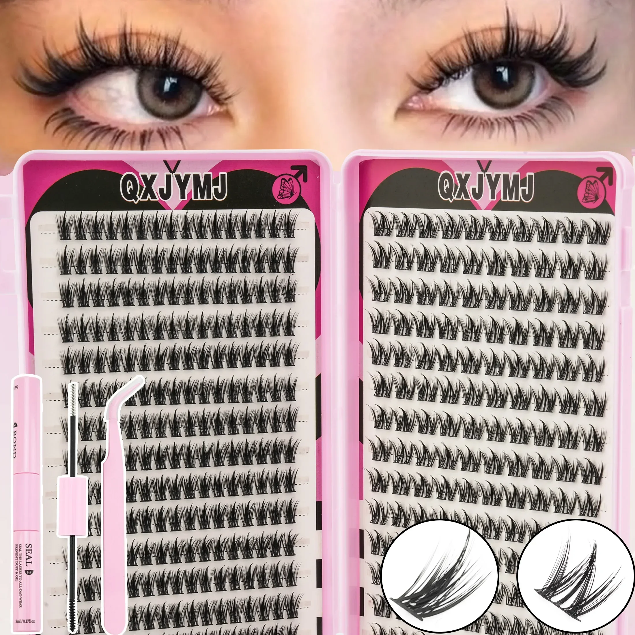 HOT SALE Lash Cluster Kit With Glue Tweezer & Brush, Mixed Length Fluffy Voluminous False Eyelashes, Cartoon-Style Natural Look