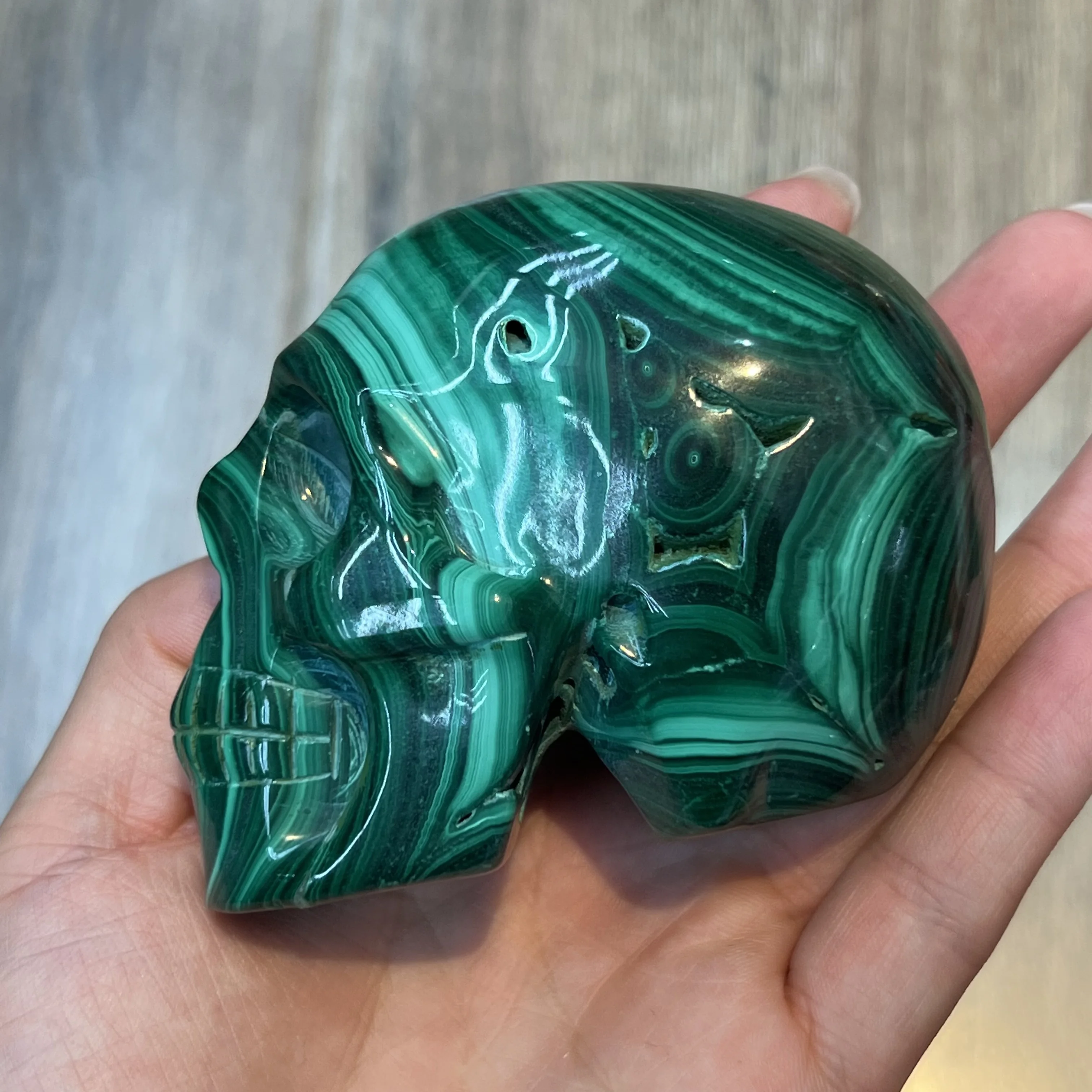 Natural Malachite Stone Crystal Ghost Skull Carved Sculpture Reiki Healing Chakra