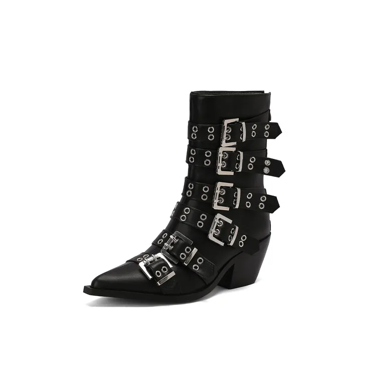 European and American New High Heel Belt Buckle Women\'s Knight Boots Pointed Zipper Punk Style 35-46 Large Short Boots