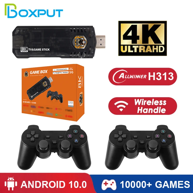 

BOXPUT X8 Game Stick 4K HD Android TV Stick 10000 Games Android 10 H313 WiFi Portable Home Retro Game Console 2.4G Dual Handles