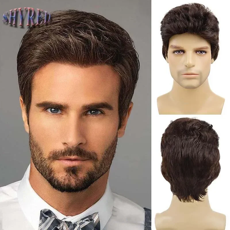 

Synthetic Brown Wig Short Curly Wig for Men Daily Use Businessman Hairstyles Wigs Male Cosplay Costume Wig Gifts