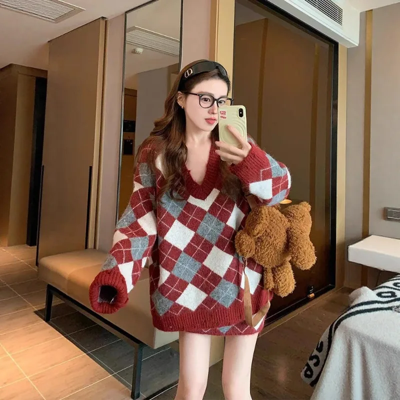 Sweater Women Pullover Women's Fall/Winter New Arrival Color Block Academic Style Diamond Check Knit Sweater Set of Two