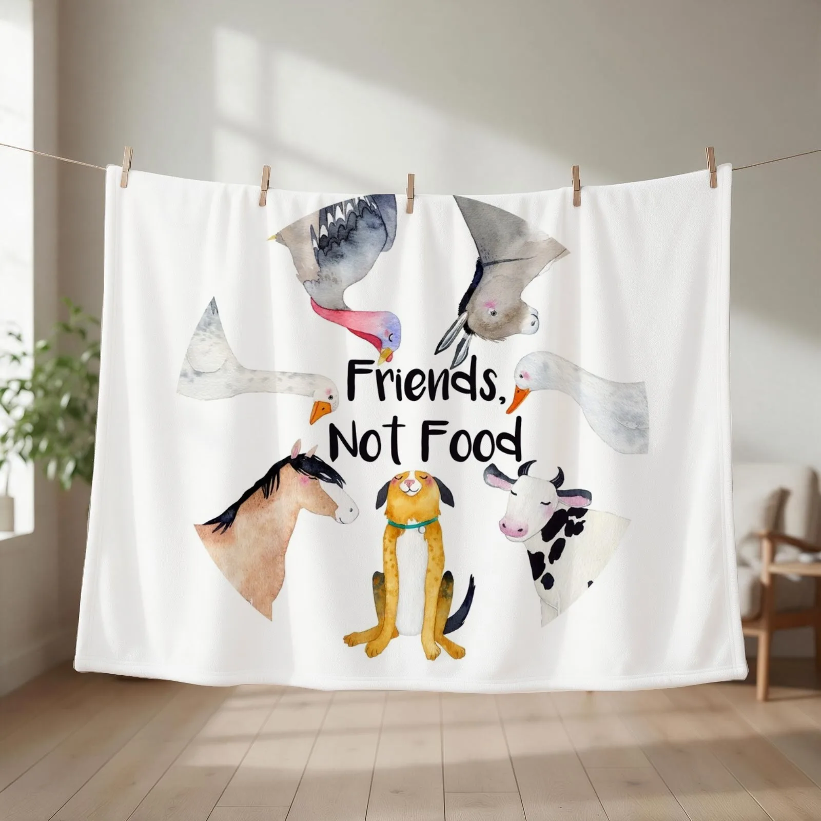 Vegan slogan - Friends, Not Food Throw Blanket couch cozy soft plush fuzzy picnic outdoor blanket