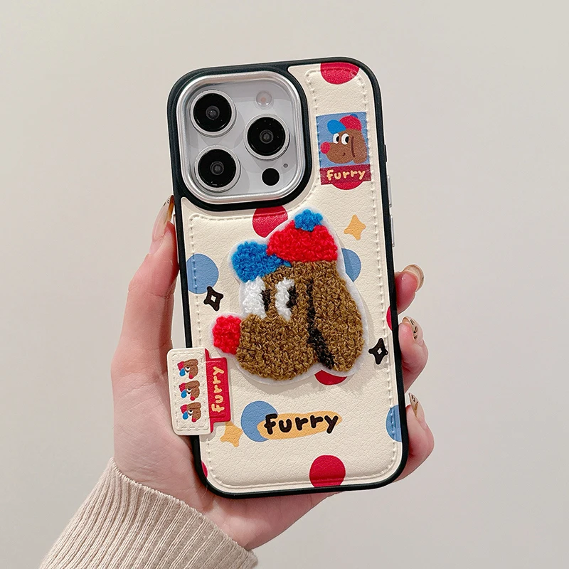 Cute Cartoon Embroidery Bear Dog Leather Case For iPhone 13 14 15 16 17 Pro Max Lovely Soft Silicone Phone Cover