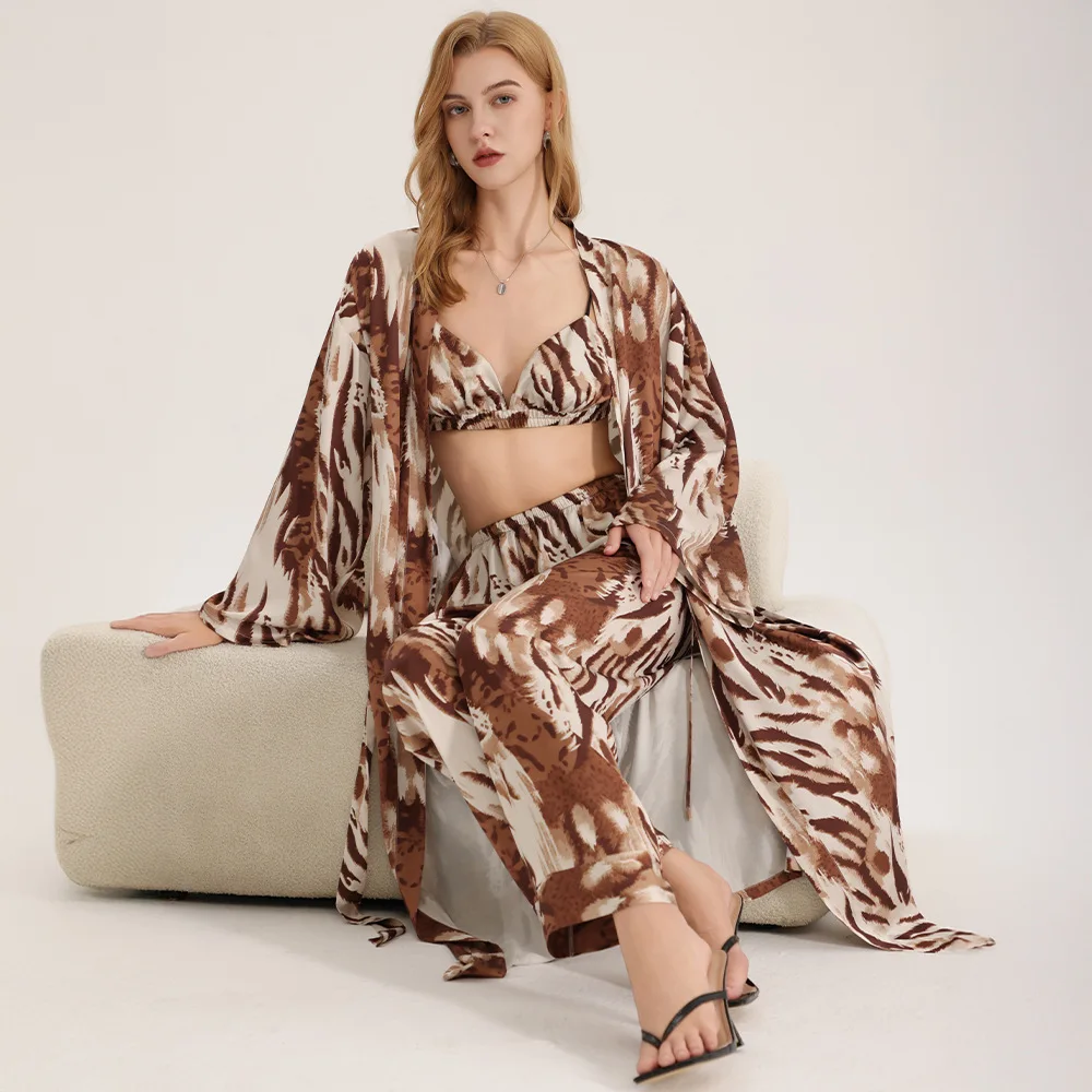 

Fashion Zebra Print Leopard Print Satin Pajamas Women's Long Robes Long Pants Lace Up Three Piece Set Imitation Silk Home Wear