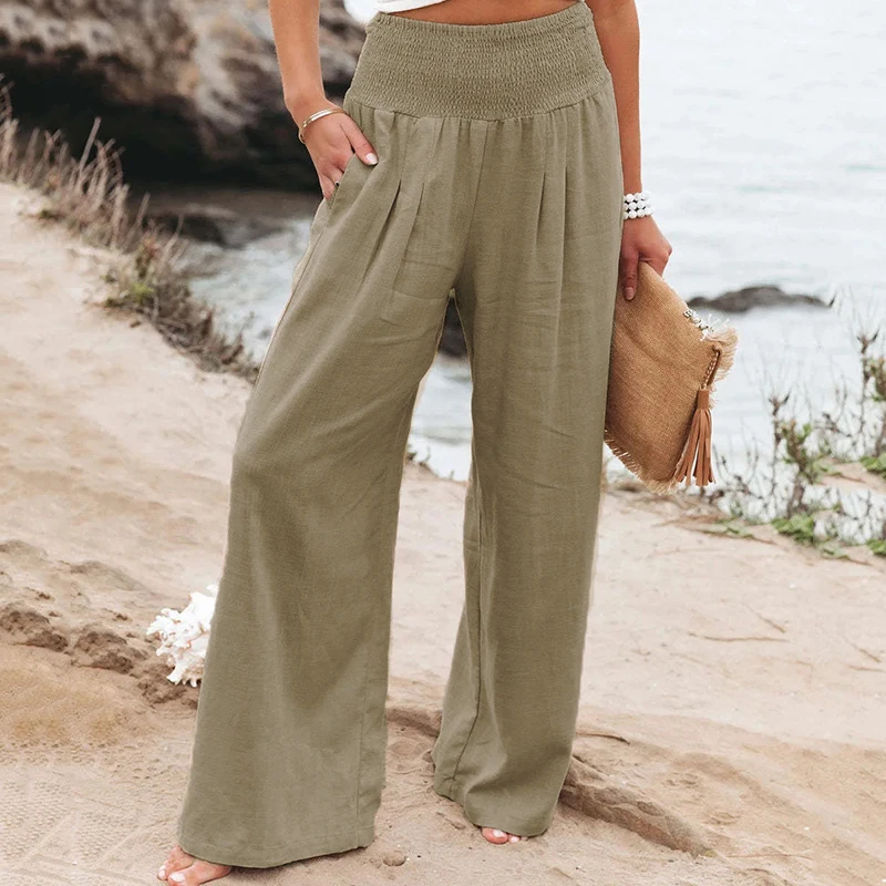 C.NEW S Solid Wide Leg Pants Women Casual Style Loose Office  Long Pants Vintage Cotton And Hemp Comfortable Mid Waist Trousers