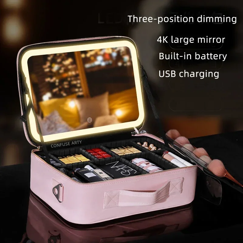 Smart LED Makeup Bag With Mirror Large Capacity Waterproof PU Leather Travel Cosmetic Case For Women Organizer Holder Container