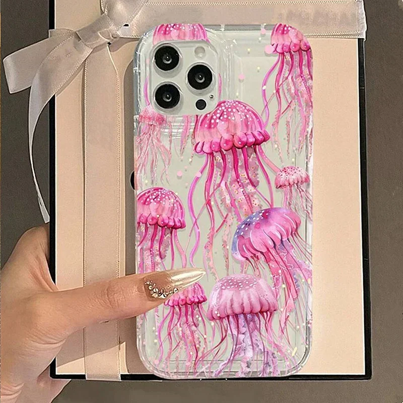 Pink Jellyfish Oceanic Clear Phone Case For iPhone 16 15 14 Pro Max 13 12 Mini 11 XR XS X 7 8 Plus SE2 Transprent Silicone Cover