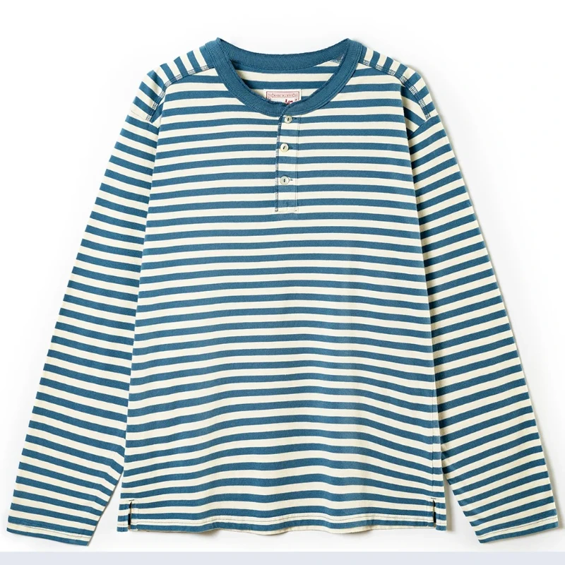 

American retro striped long sleeved T-shirt for men, heavy-duty cotton washed T-shirt, oversized casual Henry collar base shirt