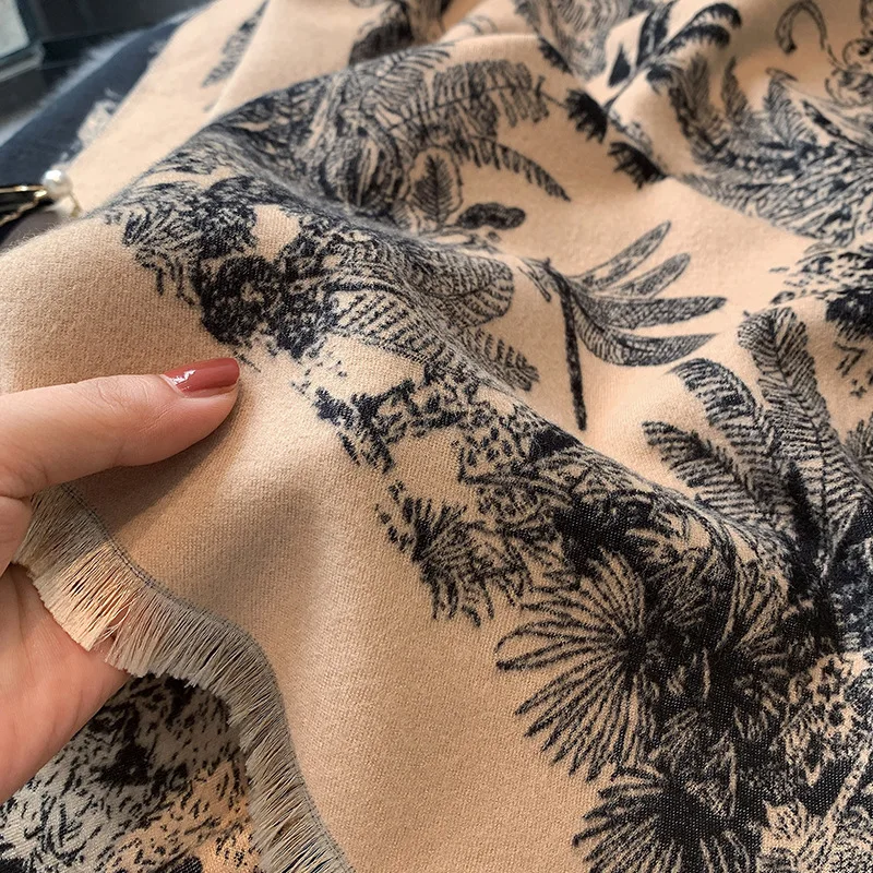 وشاح طويل للخريف والشتاء، وشاح نسائي سميك على الوجهين مع طباعة زهور، شال جاكار دافئ للمكتب