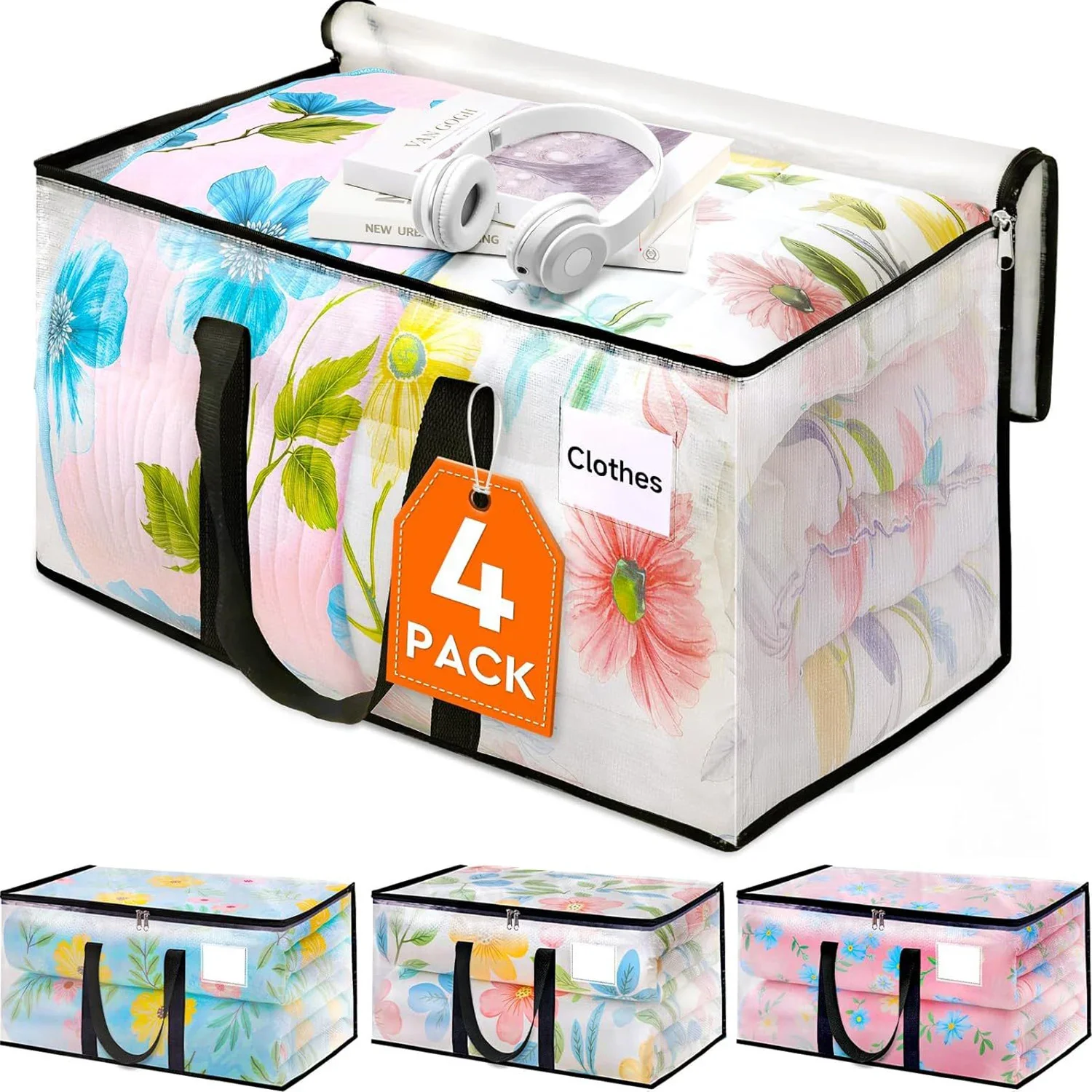 

4PC/6PC Waterproof Ultra Thick Handle Bag Heavy Duty Transparent Moving Bag Large Capacity with Label Zipper Storage Bag
