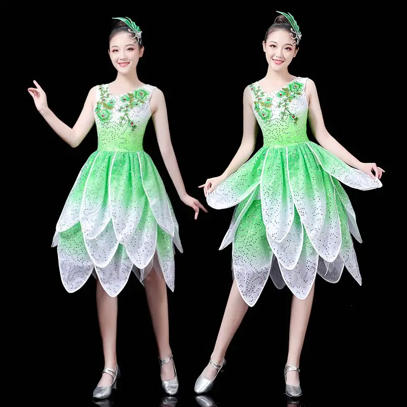 Pink Lotus Dance Dress For Women Stage Performance Chinese Flower Dance Costume Yellow Green Modern Dance Styles