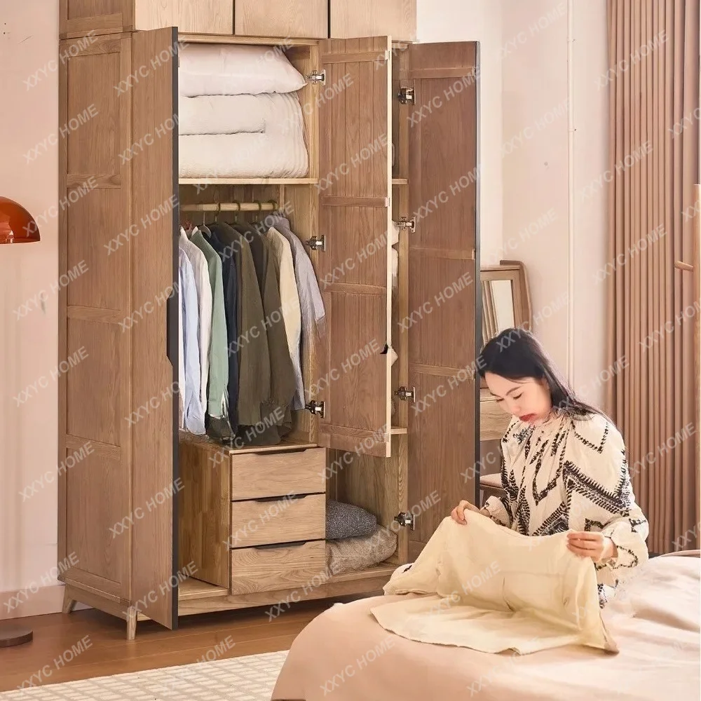 AAash wood four-door wardrobe swing door all solid wood bedroom storage large wardrobe