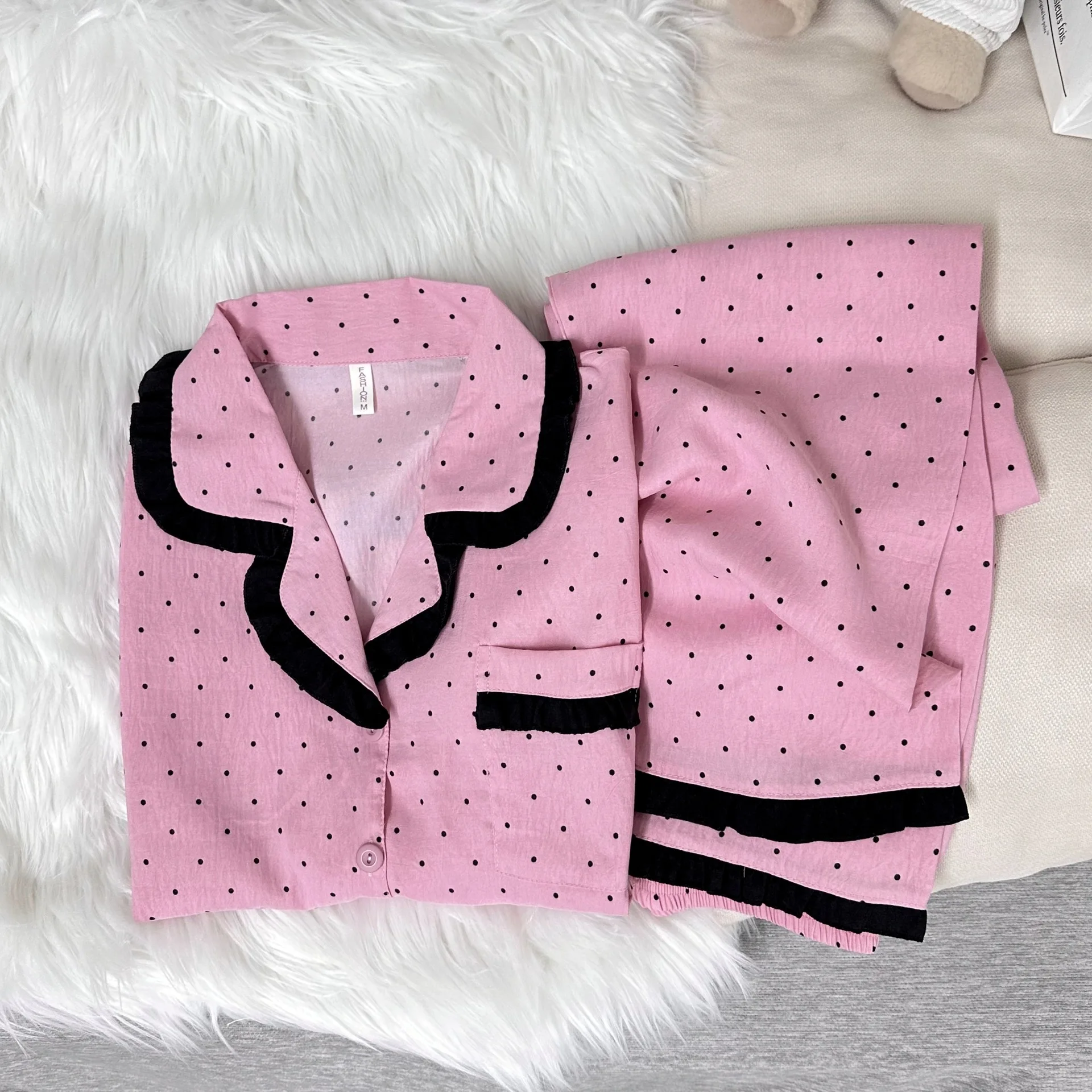 Color Blocked Polka Dot Women's Sleepwear Long Sleeved Shirt Top Elastic Waist Straight Pants Casual Loose Sleepwear 2 Pcs Set