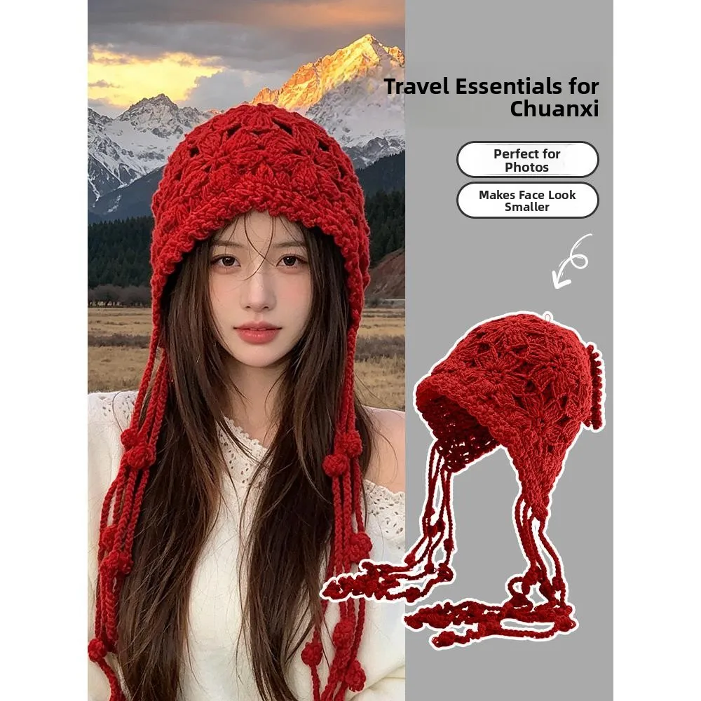 Travel Floral Lace Knitted Hat Women's Autumn Winter Scarf Headband Ear Protection Small Face Effect No Brim Hat for Teens