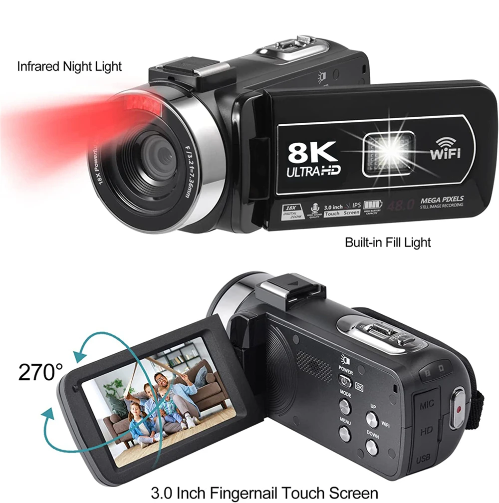 8K Video Camera 3 Inch LCD Touch Screen 60FPS/64MP 18x Digital Zoom Camera Recorder Ultra HD WIFI Portable Recording Camcorder