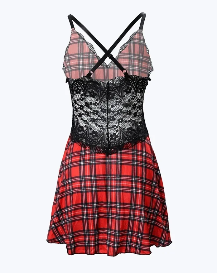 CPSYMYM 여성 드레스 여름 격자 무늬 프린트 Crisscross Backless Sleep Dress 대비 레이스 플 런지 민소매 잠옷 잠옷