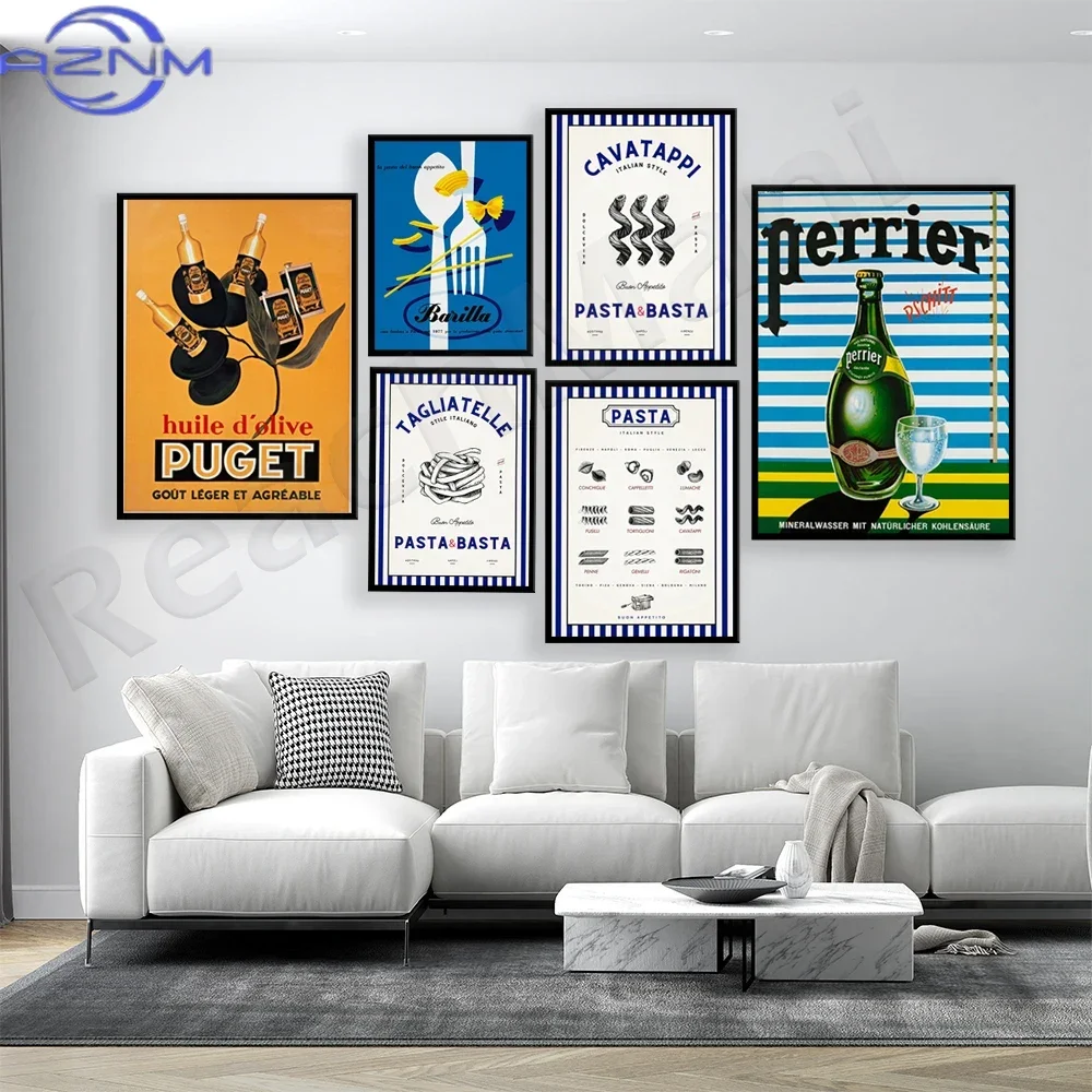 Vintage Pasta Posters - Orangina Drinks, Macaroni Pasta, Perrier Soda Bottles, Italian Advertising Poster Home Decor
