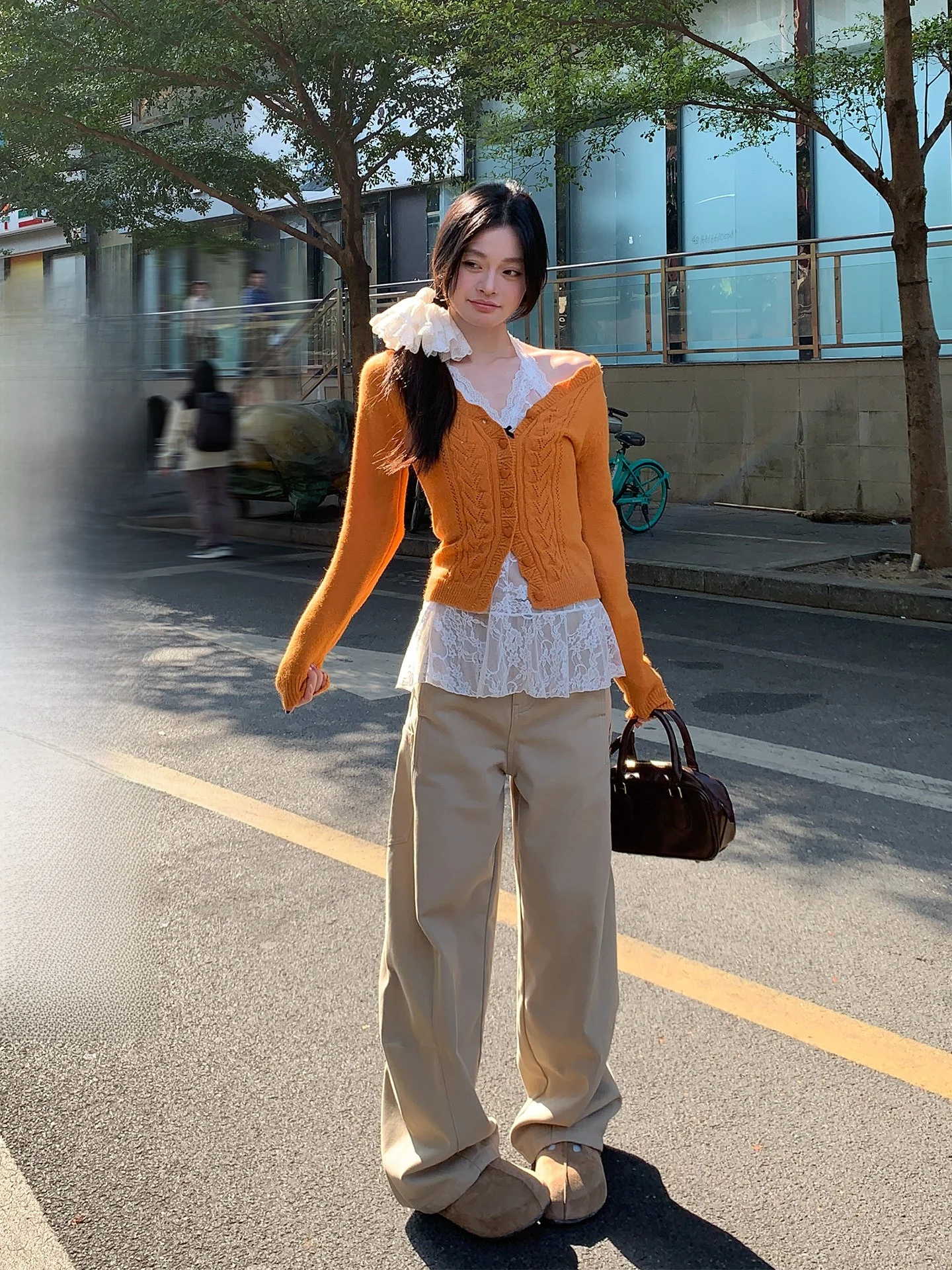 

Kaki Color Multi-Pocket Work Pants Washed Cotton Loose Wide Leg Casual Trousers for Women Spring New Style Versatile Loose Fit