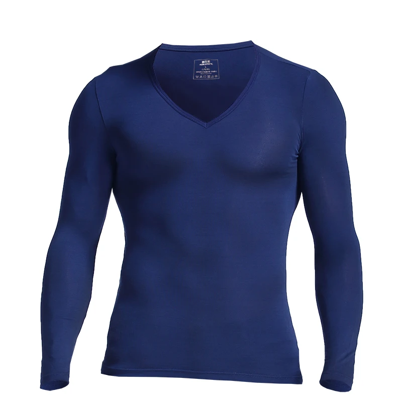 2PCS Men's thin modal autumn coat basic V-neck spring and autumn slim underwear single base thermal top