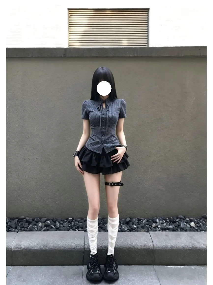 Slimming Plaid Shirt And Skirt Set with  Knot Design Korean College Style Private Collection Two Piece Fashion Set f...