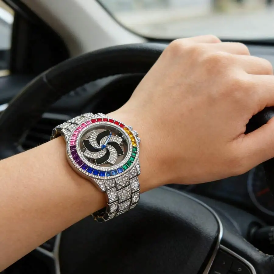 1PC Luxury Men's Silver Ice Watch, Paired With A Hip-Hop Spiral 360 ° Dial And Rainbow Square Diamond Border Embellishment, An - view 4
