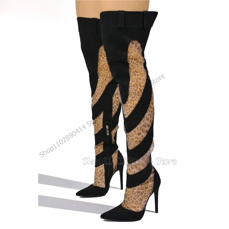 

Black Blue Leopard Print Mesh Pointed Toe Boots Side Zipper Women Shoes Thin High Heels Fashion Runway 2023 Zapatos Para Mujere