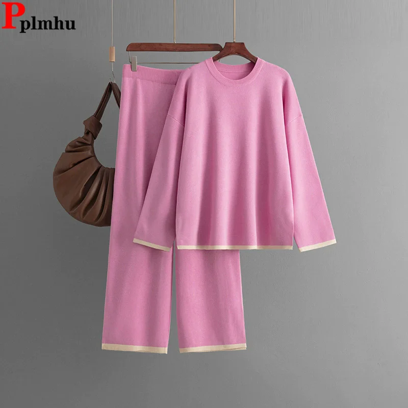 

Women Casual Knitted 2 Piece Sets Korean O-neck Long Sleeve Sweater Pullover Tops Conjuntos High Waist Straight Pants Outfit New