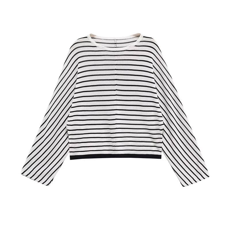 

American Retro Round Neck Long Batwing Sleeves Striped T Shirt Women Loose Casual Autumn Tops