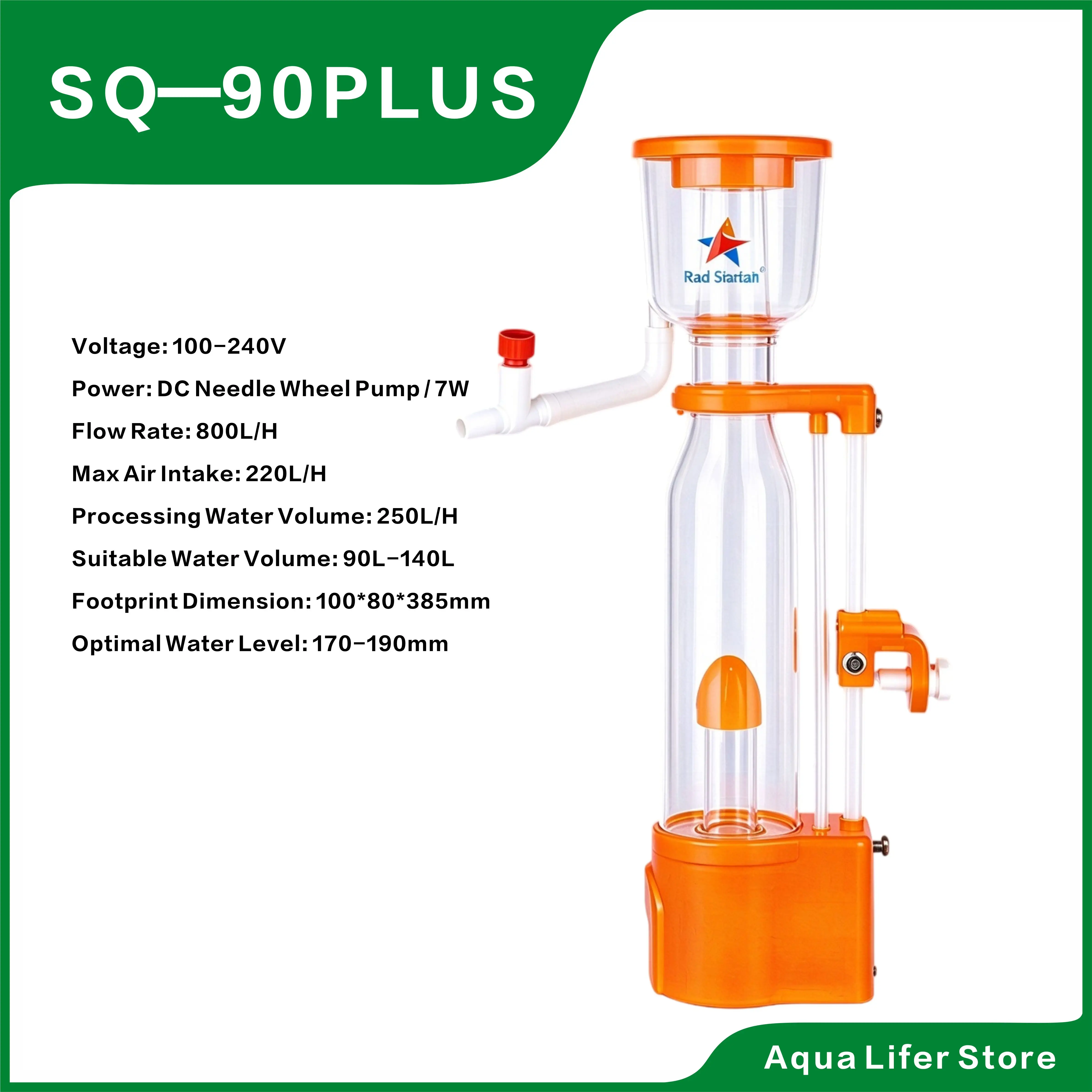 RedStarfish SQ70PLUS SQ90PLUS proteïneafscheider, stille DC-naaldpomp voor zoutwaterkoraalriffaquariums van 50-140 liter.