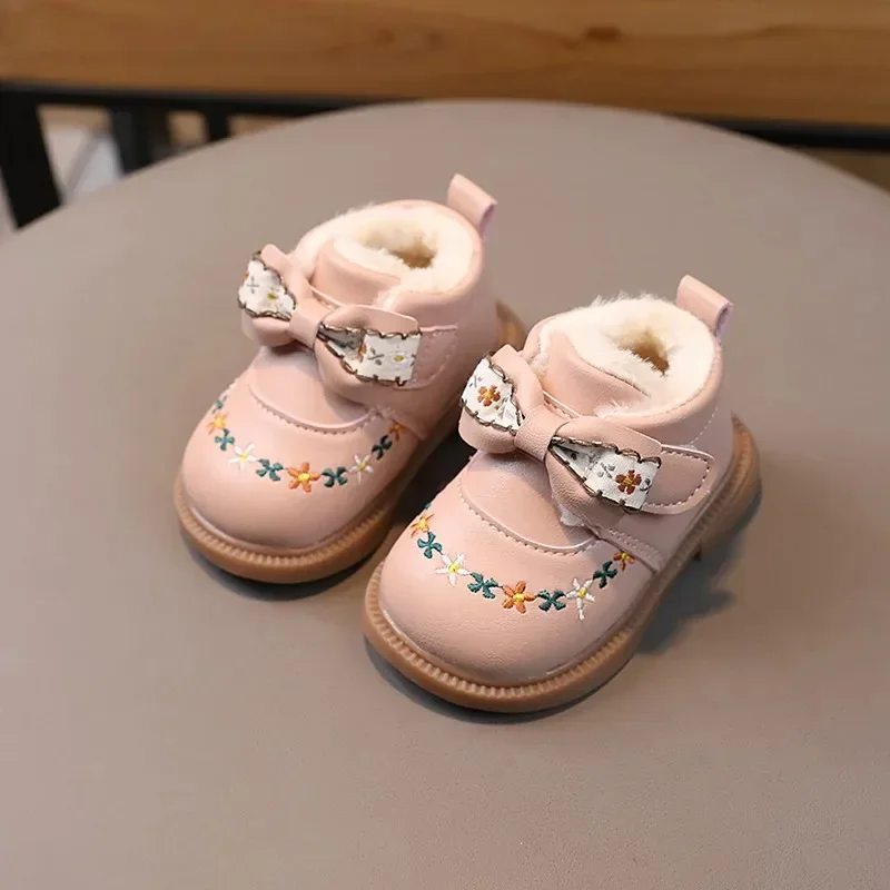 Children Winter Toddler Shoes Warm Low Top Leather Shoes Children Cotton Shoes Bow Girls Velcro Flower Kids Embroidered Booties